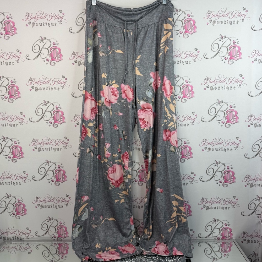 Pants flare wide leg flowy Floral Gray and Pink yellow comfy stretchy Pants